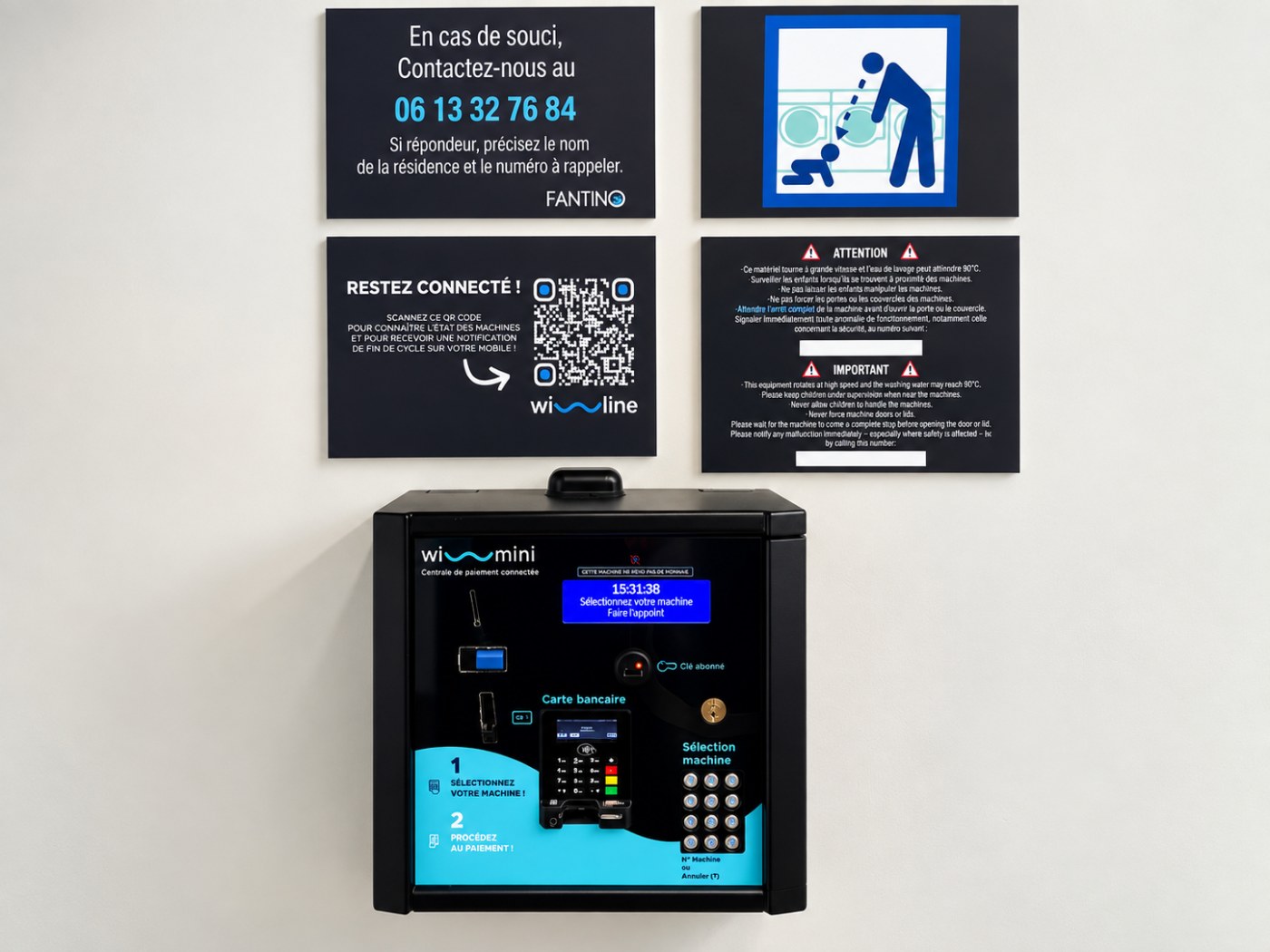 Centrale de paiement sans contact et QR code de connexion à la laverie d’une résidence